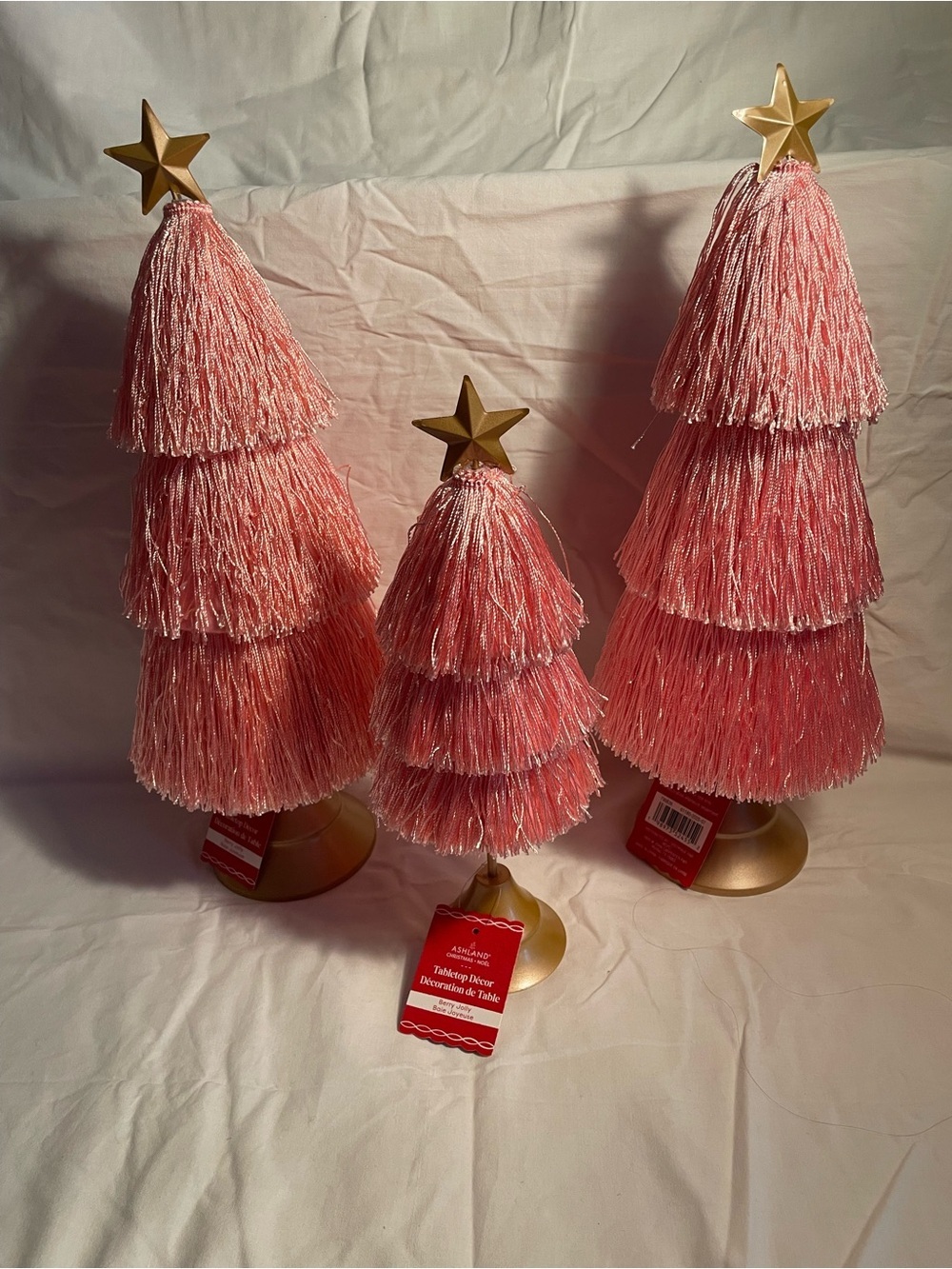 NWT 3 Ashland Pink Tassel Tabletop Trees with Gold Stars - Picture 2 of 14